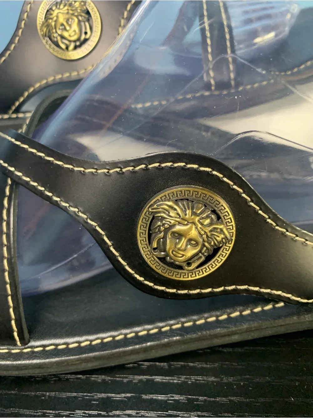 Men’s Black Leather Medallion Slide Sandals